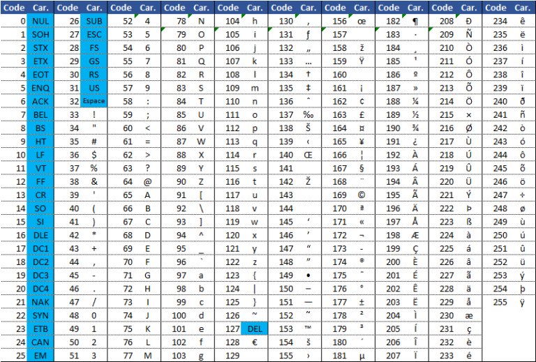 Table Des Codes ASCII Audit Syst Mes D Information   TABLE CODES ASCII 768x519 