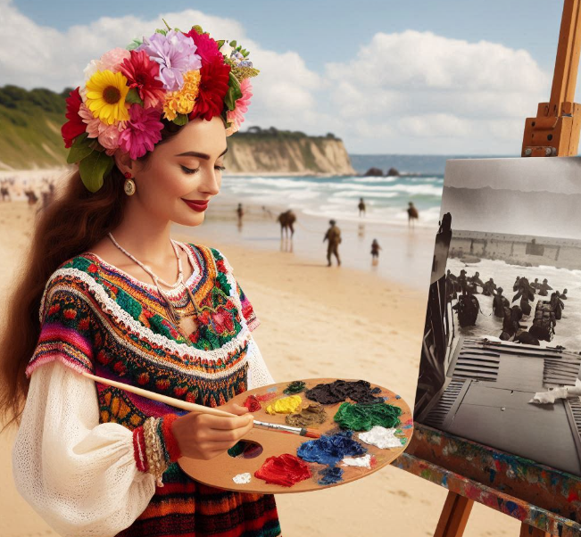 Frida Kalho sur les plages du débarquement (Bing IA)