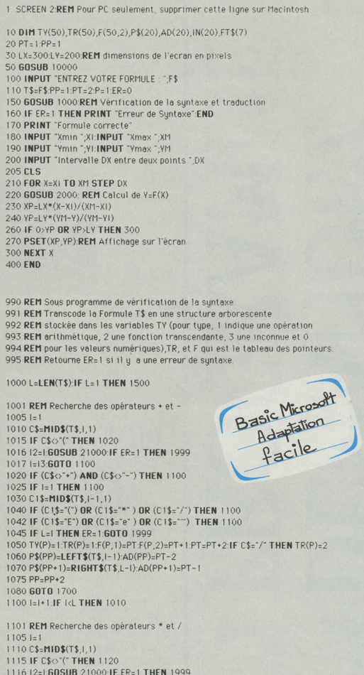 Extrait programme interpréteur formules mthématiques (SVM n° 35, janvier 1987, p. 68)Extrait du code source d'un programme d'interpréteur de formules mathématiques (SVM n° 35, janvier 1987, p. 68)