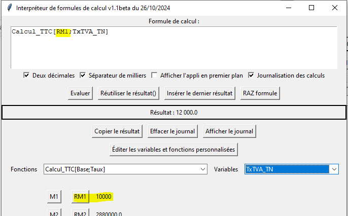 Interpréteur formules v1.1 Variables RM