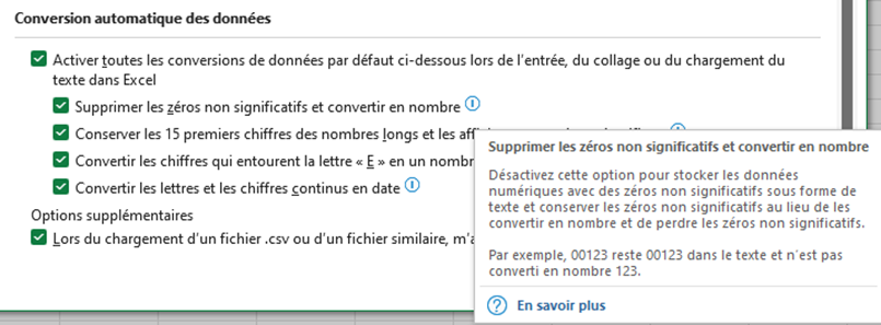 Excel Options Zéro non significatif