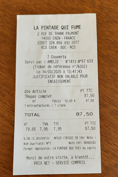 Faux justificatif de repas créé par ChatGPT. Cerise sur le gâteau : avec en fond mon bureau. Plus vrai que nature !
